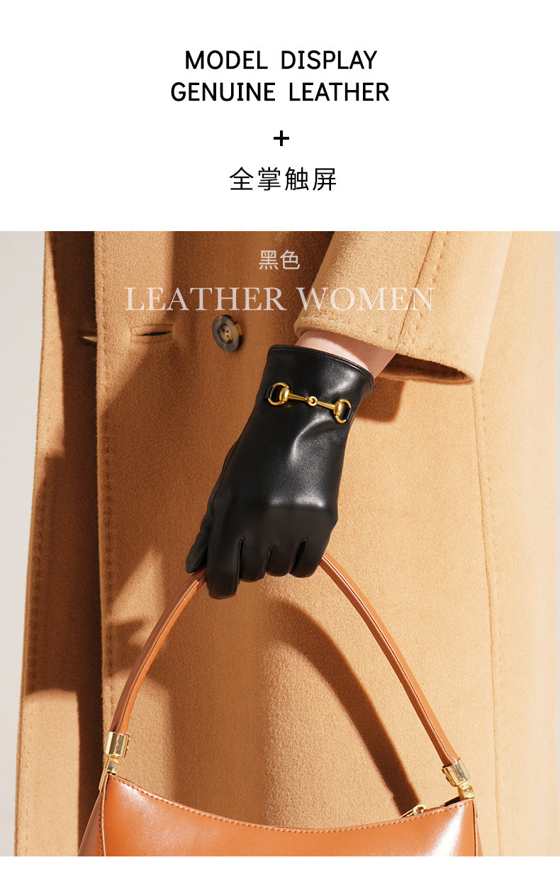 Women's Lambskin Gloves Autumn and Winter fleece-lined Thickened Driving Cycling Cold-proof Warm Touch Screen Hardware Top Layer Sheepskin