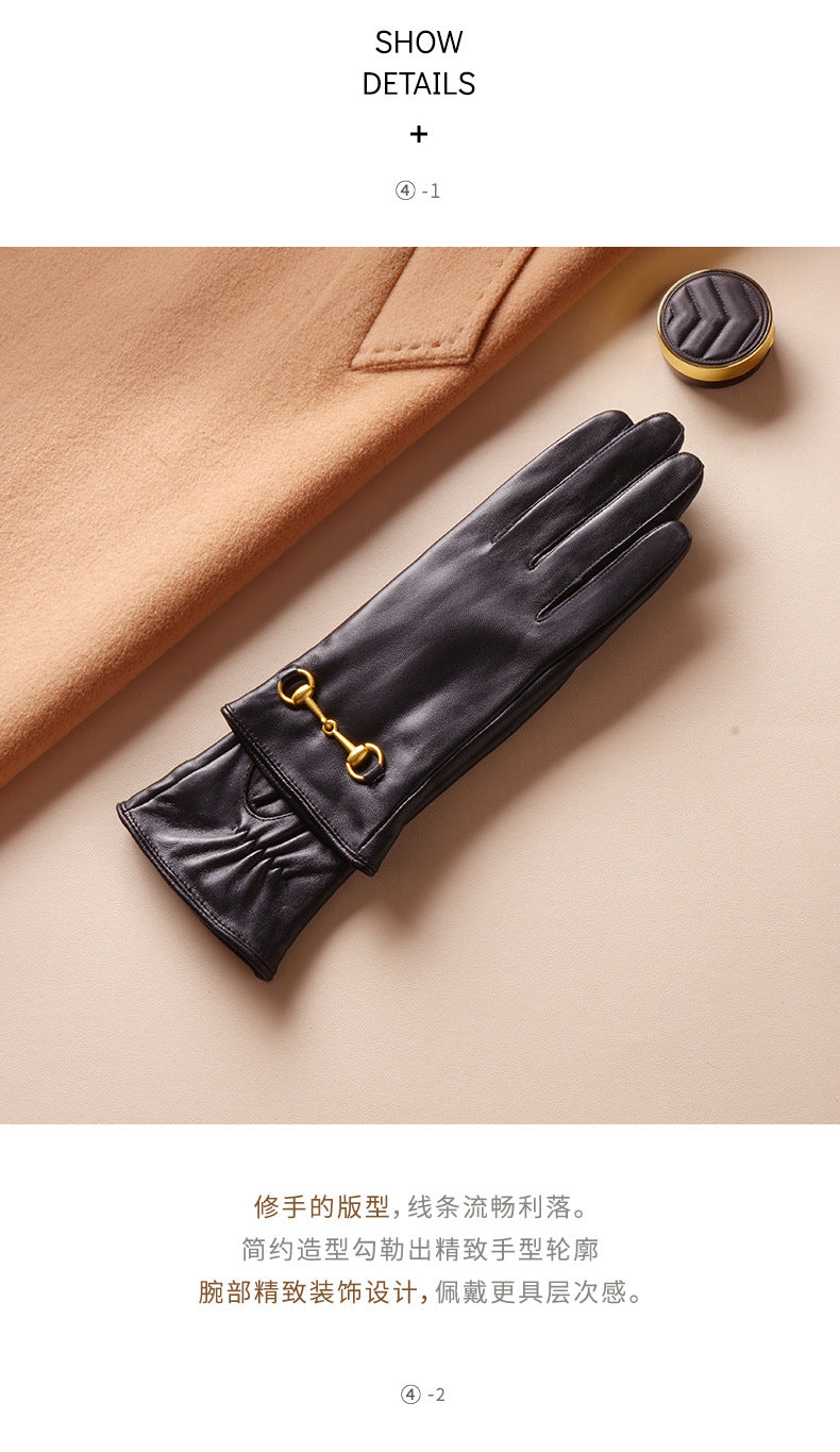 Women's Lambskin Gloves Autumn and Winter fleece-lined Thickened Driving Cycling Cold-proof Warm Touch Screen Hardware Top Layer Sheepskin
