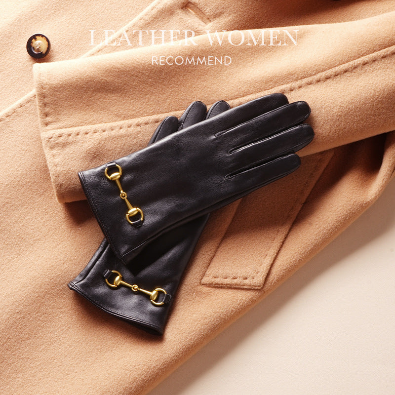 Women's Lambskin Gloves Autumn and Winter fleece-lined Thickened Driving Cycling Cold-proof Warm Touch Screen Hardware Top Layer Sheepskin