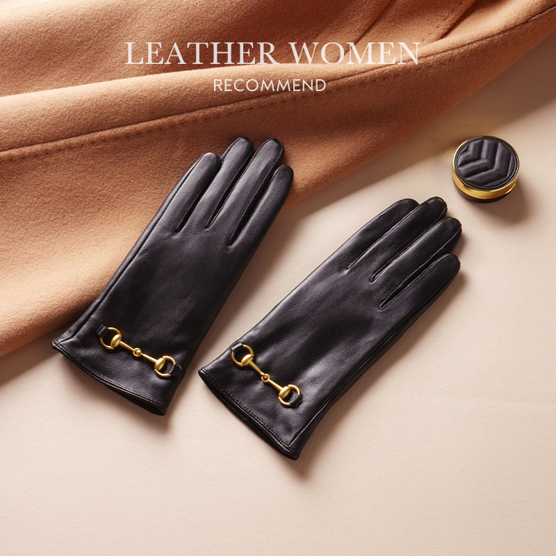 Women's Lambskin Gloves Autumn and Winter fleece-lined Thickened Driving Cycling Cold-proof Warm Touch Screen Hardware Top Layer Sheepskin