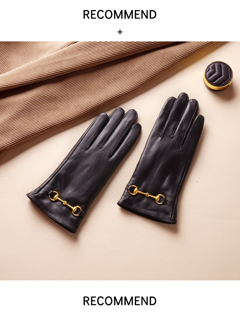 Women's Lambskin Gloves Autumn and Winter fleece-lined Thickened Driving Cycling Cold-proof Warm Touch Screen Hardware Top Layer Sheepskin