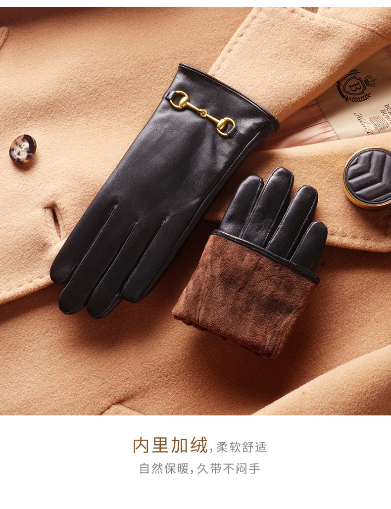 Women's Lambskin Gloves Autumn and Winter fleece-lined Thickened Driving Cycling Cold-proof Warm Touch Screen Hardware Top Layer Sheepskin