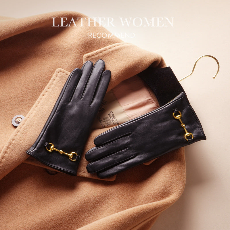 Women's Lambskin Gloves Autumn and Winter fleece-lined Thickened Driving Cycling Cold-proof Warm Touch Screen Hardware Top Layer Sheepskin