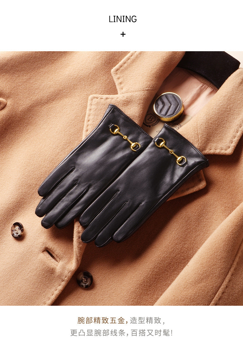 Women's Lambskin Gloves Autumn and Winter fleece-lined Thickened Driving Cycling Cold-proof Warm Touch Screen Hardware Top Layer Sheepskin