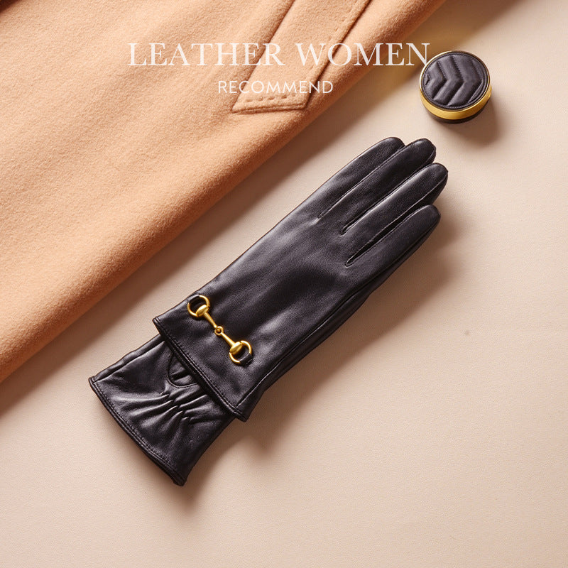 Women's Lambskin Gloves Autumn and Winter fleece-lined Thickened Driving Cycling Cold-proof Warm Touch Screen Hardware Top Layer Sheepskin