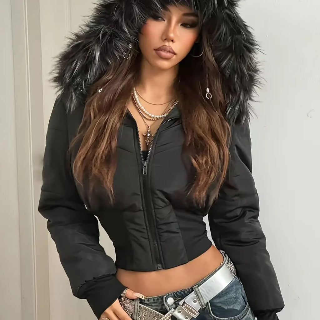 New Women's Short Down Jacket Faux Fur Trim Hooded Zipper Front Pleated Waist Long Sleeve Winter Warm Slim Fit Padded Jacket