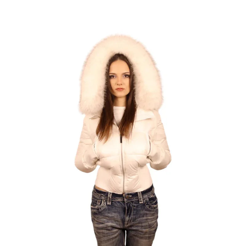 Spicy Girl Winter Jacket Women Winter New European American Solid Color Detachable Fur Collar Waist Cinched Slim Padded Coat