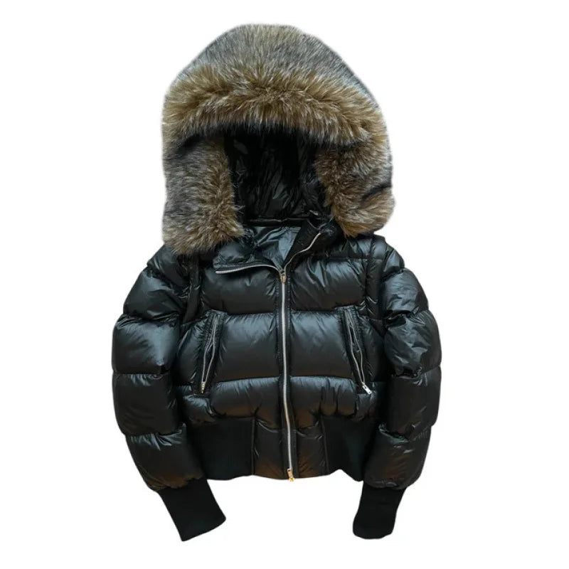 Spicy Girl Winter Jacket Women Winter New European American Solid Color Detachable Fur Collar Waist Cinched Slim Padded Coat