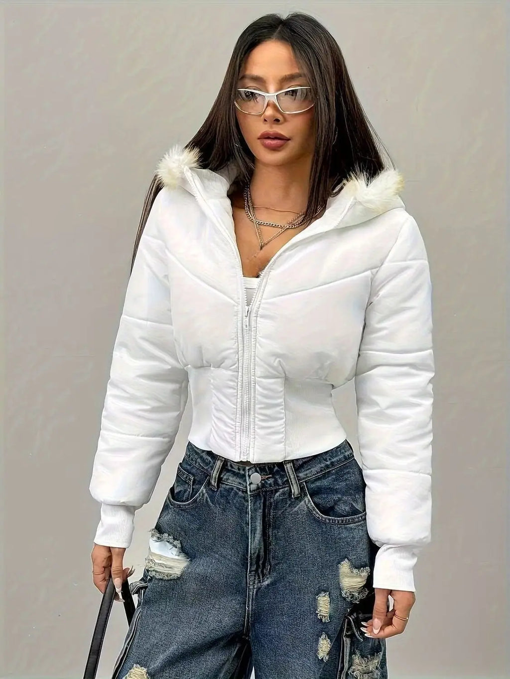 New Women's Short Down Jacket Faux Fur Trim Hooded Zipper Front Pleated Waist Long Sleeve Winter Warm Slim Fit Padded Jacket