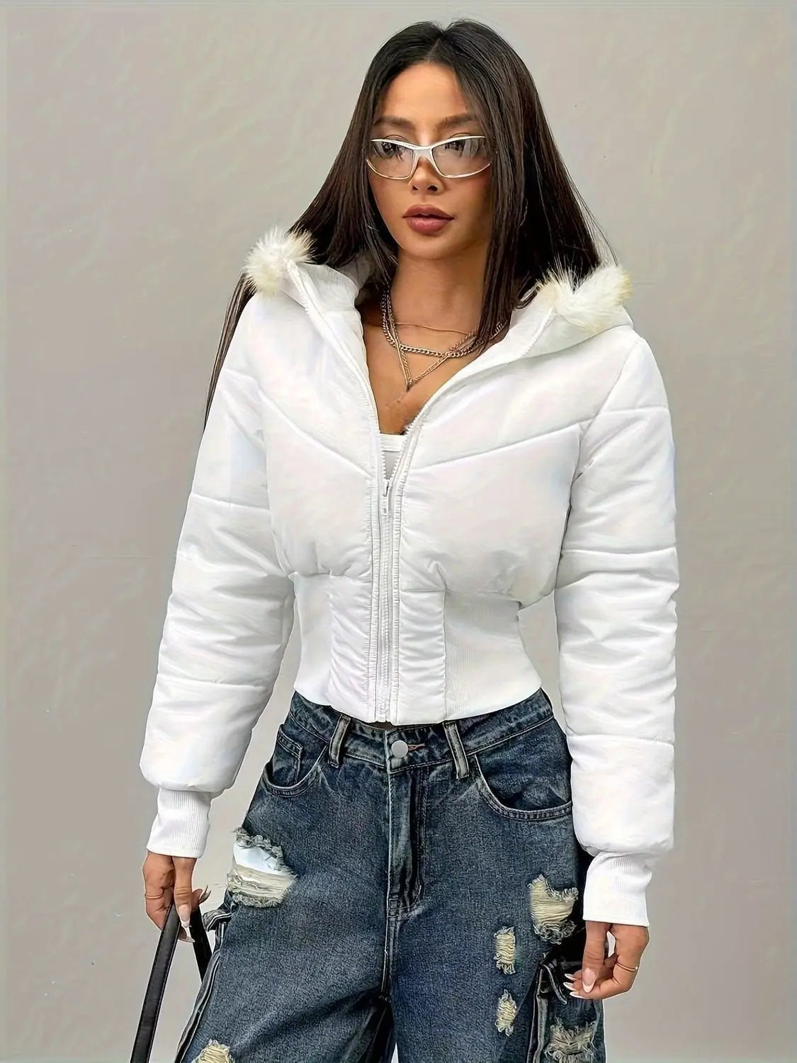 New Women's Short Down Jacket Faux Fur Trim Hooded Zipper Front Pleated Waist Long Sleeve Winter Warm Slim Fit Padded Jacket