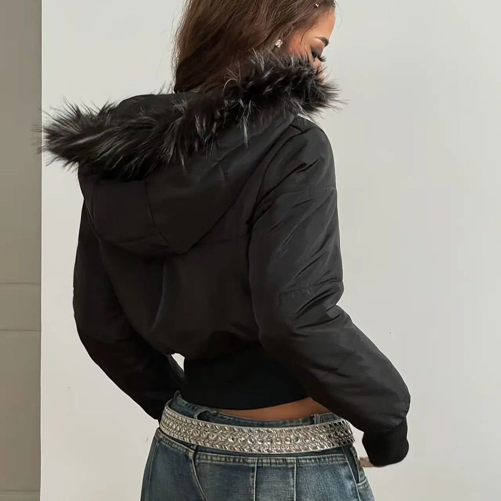 New Women's Short Down Jacket Faux Fur Trim Hooded Zipper Front Pleated Waist Long Sleeve Winter Warm Slim Fit Padded Jacket