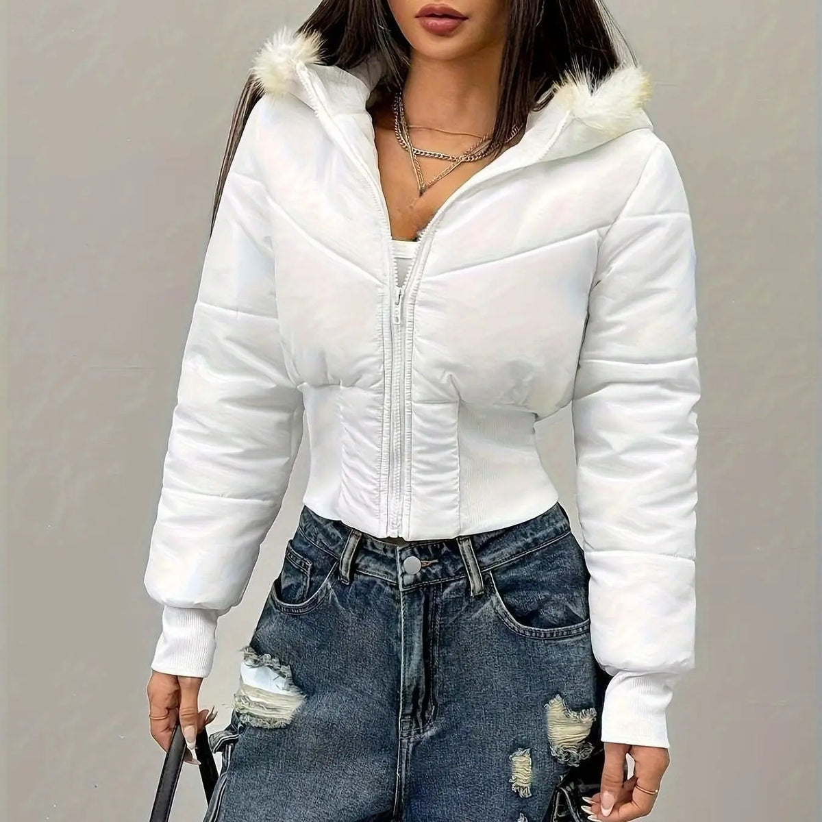 New Women's Short Down Jacket Faux Fur Trim Hooded Zipper Front Pleated Waist Long Sleeve Winter Warm Slim Fit Padded Jacket