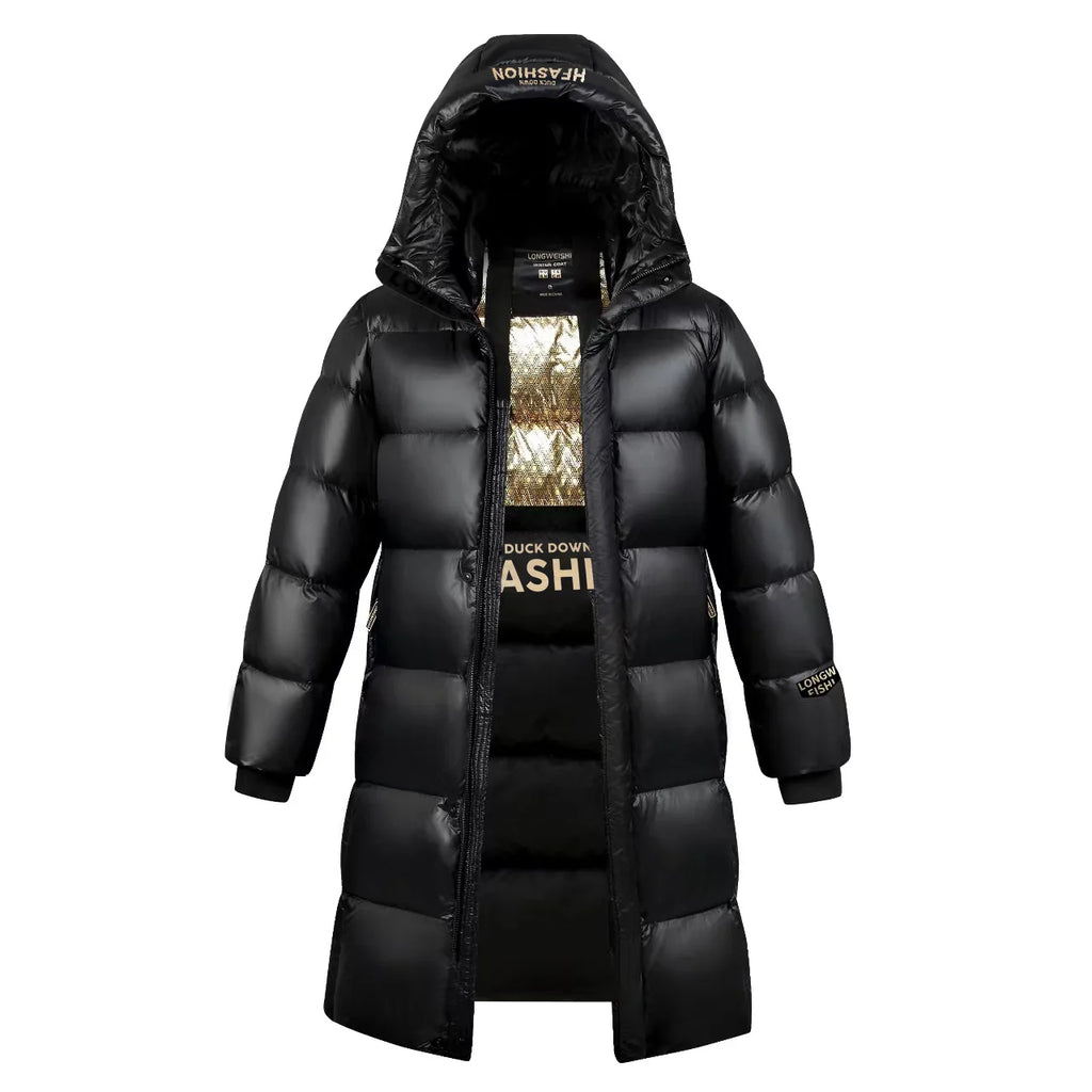 New Long Black White Duck Down Coats Men Knee Length Thickened Warm Unisex Winter Puffer Jackets Men and Women Outerwear JK-063