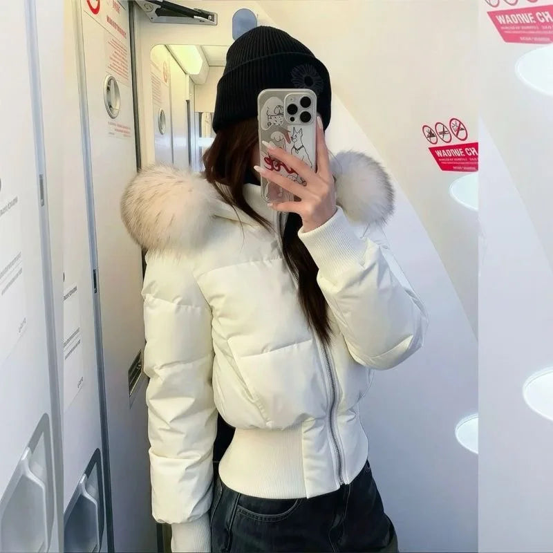 New Women's Short Down Jacket Faux Fur Trim Hooded Zipper Front Pleated Waist Long Sleeve Winter Warm Slim Fit Padded Jacket
