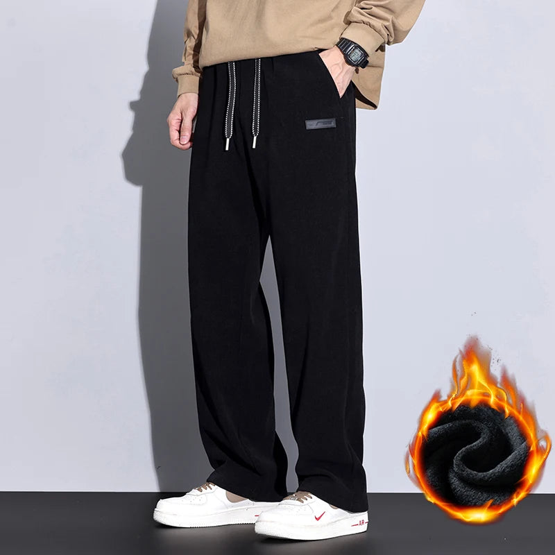 Winter Fleece Warm Stretch Corduroy Pants Men Thick Elastic Waist Korean Trousers Baggy Straight Jogger Outdoors Sweatpants Male