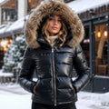 Women’s Faux Fur Trim Hooded Puffer Jacket Glossy Oversized Quilted Winter Coat Zip Up Thick Warm Insulated Bubble Jacket Parkas