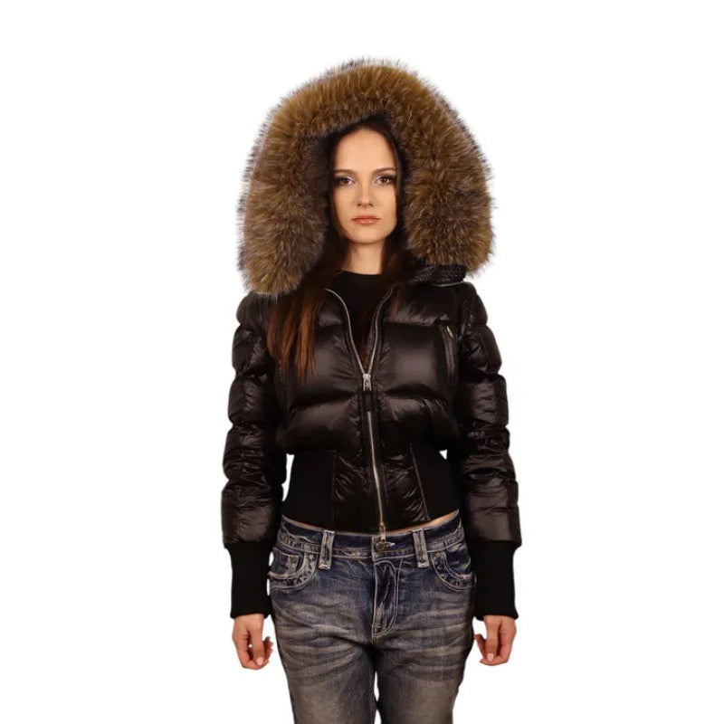 Spicy Girl Winter Jacket Women Winter New European American Solid Color Detachable Fur Collar Waist Cinched Slim Padded Coat