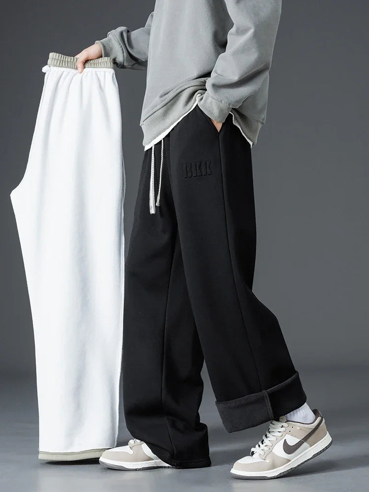 Winter Thick Warm Fleece Sweatpants Men Wide Leg Baggy Track Pants Casual Cotton Joggers Straight Thermal Trousers Big Size 8XL