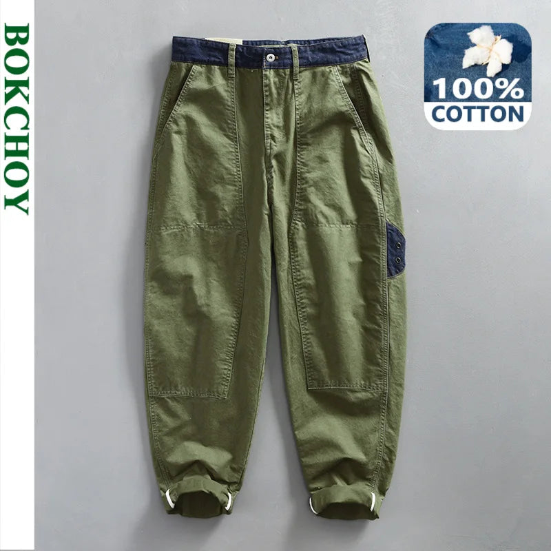 Spring New Casual Cargo 100% Cotton Pants for Men Vintage Big Pocket Trousers Streetwear Men ATZ647
