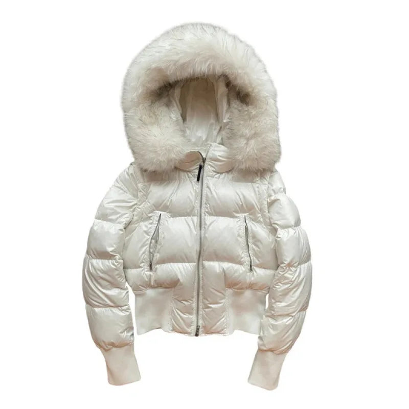 Spicy Girl Winter Jacket Women Winter New European American Solid Color Detachable Fur Collar Waist Cinched Slim Padded Coat
